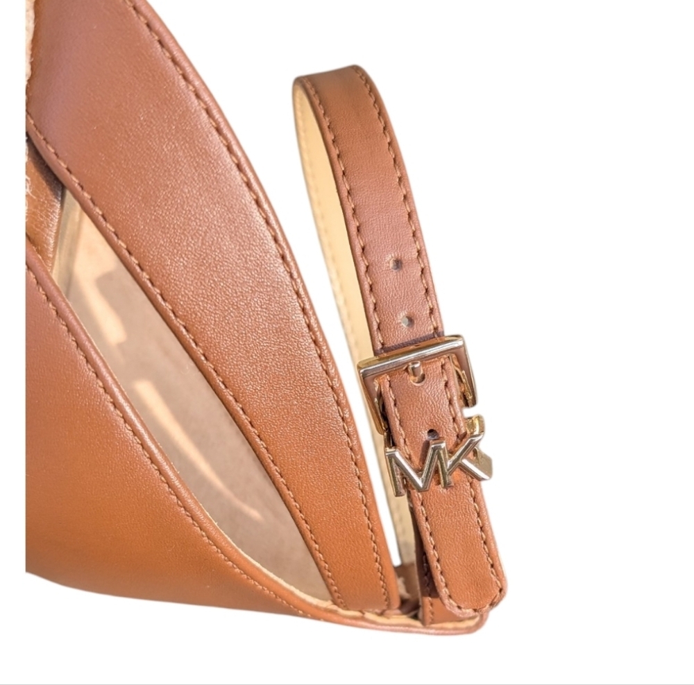 Michael Kors Tan Leather Ankle-Strap Wedge Sandals with Logo Toe Band - Picture 4 of 8